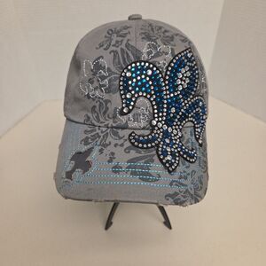 Women Bling Embroidered Fleur De Lis Hat Distressed Lily Y2K Grunge Punk Trucker